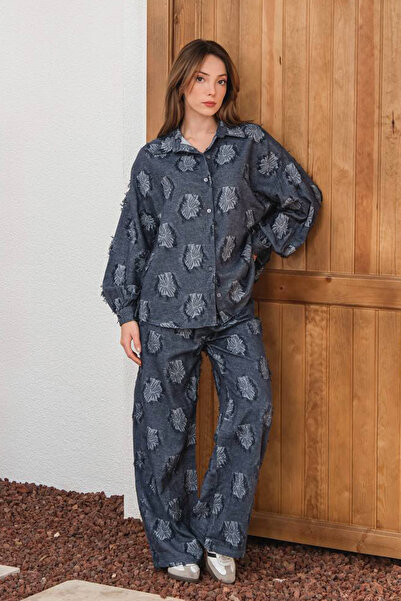GİYSA Women's Patterned Shirt and Trouser Set Navy Blue - 26K 6024