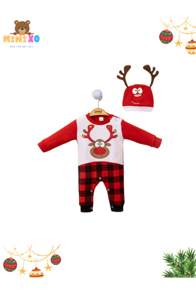 Minixobaby Kırmızı Noel Temalı Uzun Kollu Pamuklu Bebek Tulum