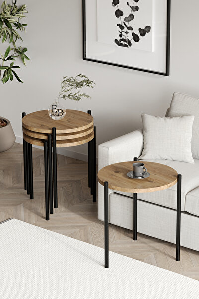 ED Efelez Design Zigon Sehpa , Nice 4'lü Zigon Sehpa Takımı , Siyah Metal - Atlantik Çam Tabla