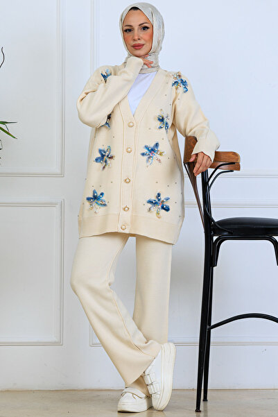 benguen Floral Knitwear Cardigan Set S1001 Stone Color