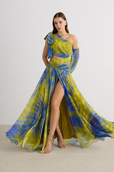 Carmen Fıstık Yeşili Tek Kol Empirme Şifon Abiye Elbise