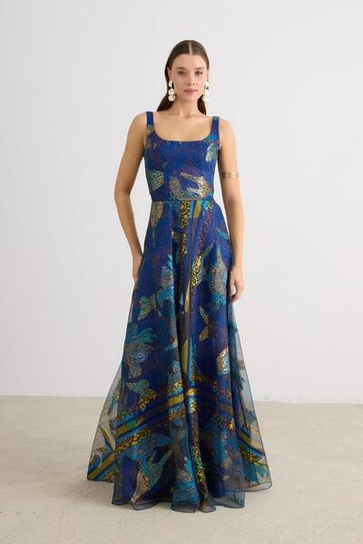 Carmen Saks Kare Yaka Jakarlı Abiye Elbise