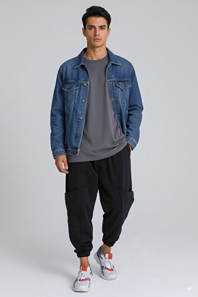 DARK AND BRIGHT Men's Baggy Pants with Side and Knee Pockets, Elastic Waistband, Elasticated Cuffs, Comfortable