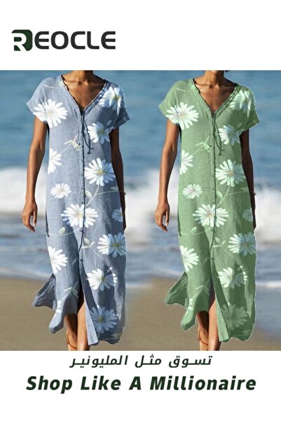 REOCLE Women's Long Maxi Dress Casual Loose Pocket Short Sleeve Slits V Neck Short Sleeve Dress