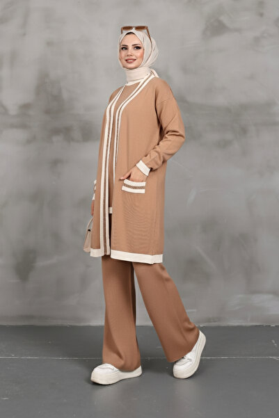 MODAQU Σετ Τριπλό Πλεκτό Παντελόνι Ζακέτα - Καμέλ