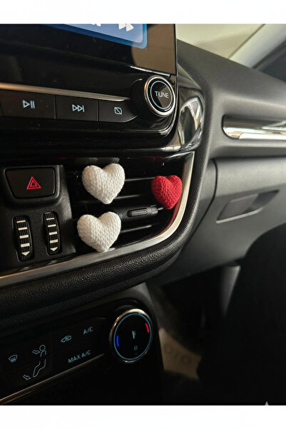 Çiçek Antalya 3-Piece Knitted Patterned Red and White Heart Car Clip Car Air Conditioner Ornament Glove Box Car Accessory Interior Ornaments