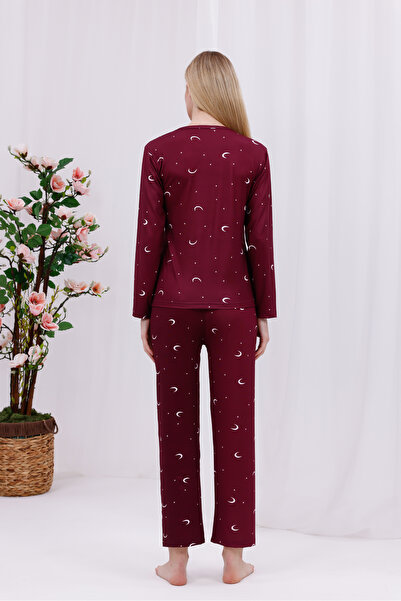 Arvin Pijama Kadın Bordo Ay ve Yıldız Baskılı Yumuşak Dokulu Uzun Kollu Örme Pijama Takımı