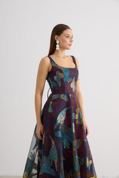 Carmen Fuşya Kare Yaka Jakarlı Abiye Elbise