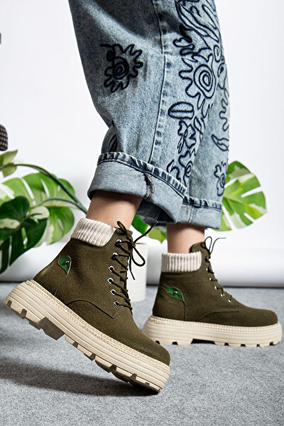 BOUIS Γυναικείες μπότες χακί σουέντ καθημερινά με κορδόνια, αδιάβροχες, άνετες και κομψές, χειμερινές μπότες με ζεστή επένδυση