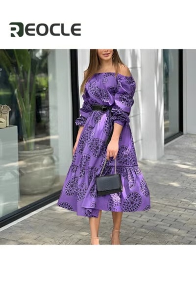 REOCLE Off-shoulder Dress with Wide Hem Long Sleeves Mid-length Printed Dress Waist Design