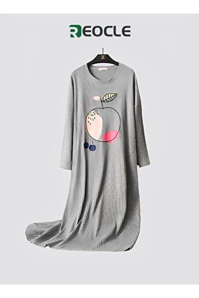 REOCLE Women's Mid-length Cute Cartoon Round Neck Pullover Long Sleeve Casual Loose Home Clothes