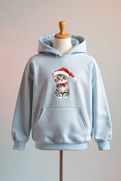 Vordevia سويت شيرت أزرق كبير الحجم مصنوع من القطن بطبعة قطة وثلاثة خيوط