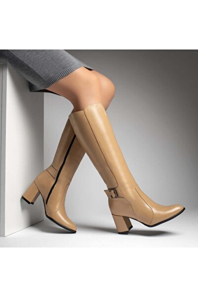 Modlet.ro Women's beige leather long heeled boots with buckle MOD12291