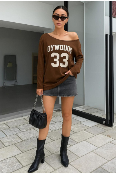 npLStore Women's New Season Boat Neck Oywouos 33 Printed Long Sleeve T-Shirt