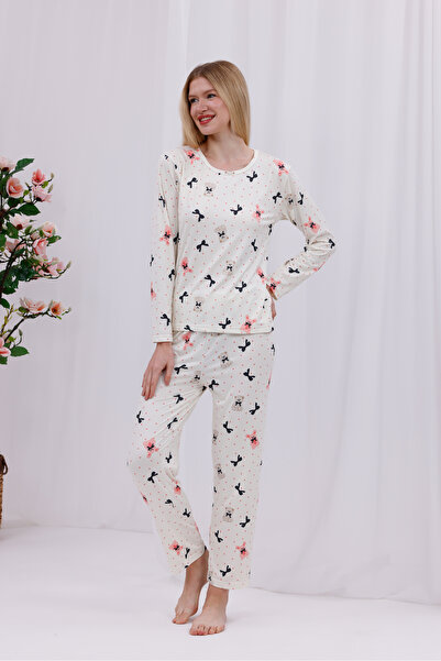 Arvin Pijama Set de pijamale tricotate cu mânecă lungă, cu textura moale, cu imprimeu de personaje Bear With Ribbon