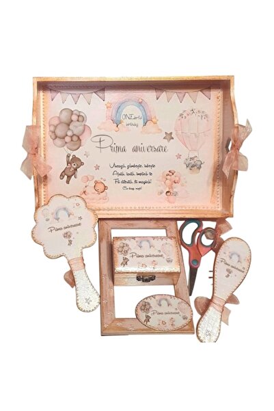 mixartstudiobym Set tavă pentru tuns fete, temă animale cu baloane, curcubeu, aspect vintage, 6 piese decorate manual