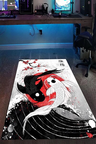 Qatalina Kaymaz Taban Makinede Yıkanabilir Koi Balık Sakura Desenli Oyuncu Ga...