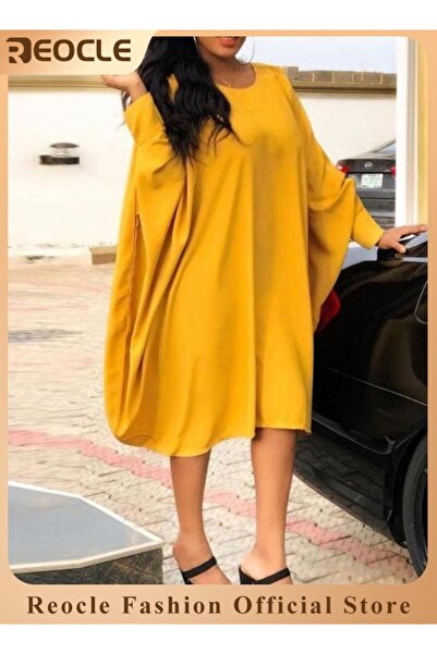 REOCLE Breathable Long-sleeved Dress Skin-friendly Comfortable Loose Elegant Solid Color Skirt Mid-length