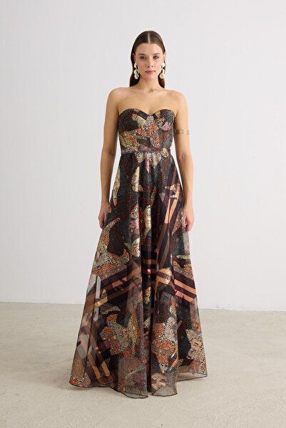 Carmen Brown Strapless Jacquard Evening Dress