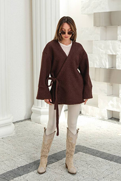 GİYSA Women's Double Breasted Collar Tie Detail Cardigan Brown - 26K 7020