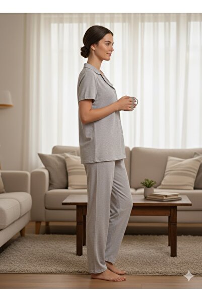 ELA Women's Gray Buttoned Pajama Set