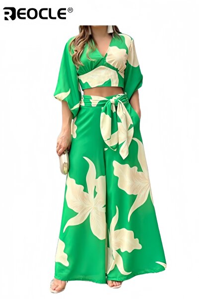 REOCLE Women's Suits Spring and Summer V-neck Sleeve Short Tops High-waisted Wide-leg Pants Casual Suits