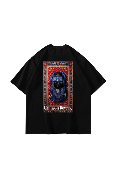 Bak Moda Tricou negru oversize unisex cu imprimeu Crimson Reverie