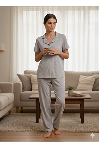 ELA Women's Gray Buttoned Pajama Set