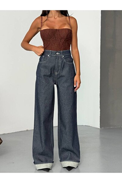 HerTon Koyu Denim Geniş Paça Kemer Detaylı Jean