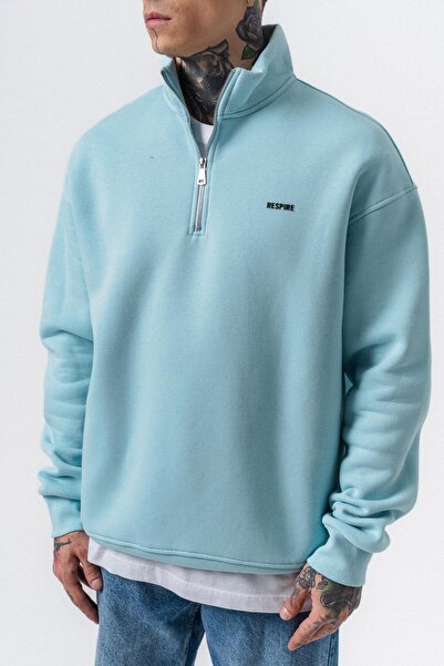 Respire Men's Text Detailed Half Zipper Basic Sweatshirt Baby Blue
