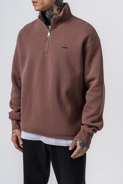 Respire Men's Text Detailed Half Zipper Basic Sweatshirt Cocoa