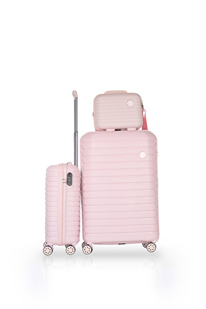 GROUND Vanille Büyük ve Kabin Boy Valiz + Makyaj Çantası - Soft Pink - 10663