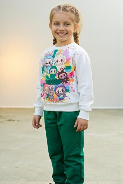 Patriko KIZ ERKEK ÇOCUK 2 İPLİKLİ LABUBU BASKI YEŞİL SWEATSHIRT ALT ÜST EŞOFMAN TAKIMI-1 beden büyük alınız