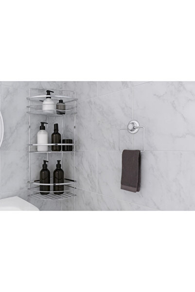 Evistro Banyo Köşe Rafı 3 Katlı Şampuanlık Vidalı + Vakumlu Kare Havluluk Kro...
