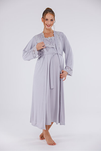 Yulem Homewear Gray Special Lace Long Sleeve Cotton Full Length Maternity Nightgown-Dressing Gown Set of 2