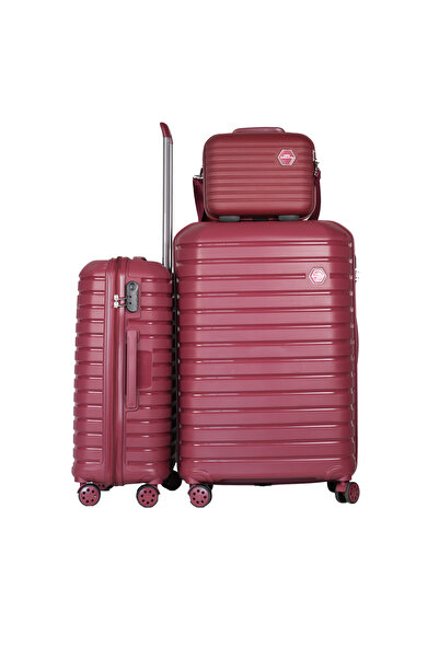 GROUND Vanille Büyük ve Orta Boy Valiz + Makyaj Çantası - Burgundy - 10663