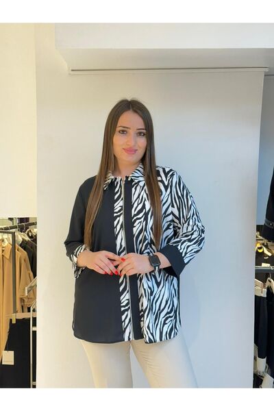 DE WHITES Plus Size Shirt Collar and Sleeve Printed Patterned Brooch Bluz