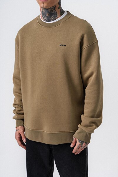 Respire Men's Basic Oversize Sweatshirt with Text Detail Khaki