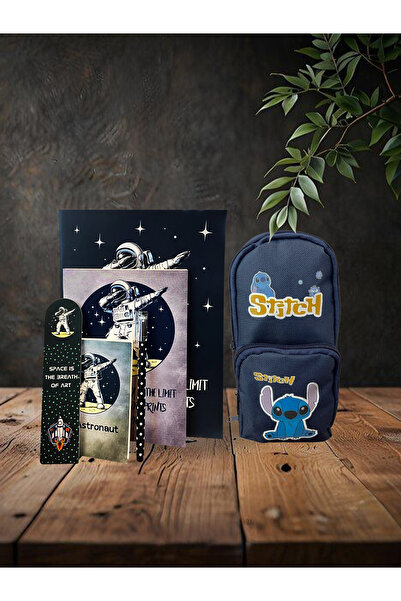 Dörtel Tedarik Stitch Lacivert Kalem Kutu, Astronot Temalı Defter, Not Defteri, Bloknot, Kitap Ayracı