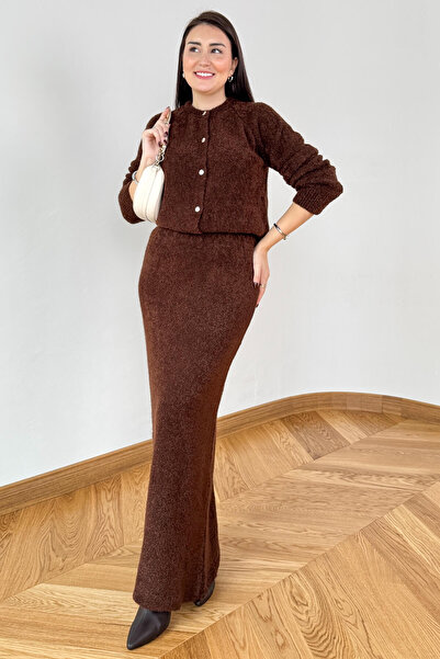 Cappmoda Tkm-3835 Bitter Brown Curly Knitwear Buttoned Cardigan & Pencil Skirt Set