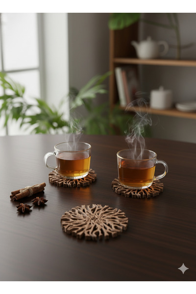 Generic 4'lü Wood PLA Ahşap Desenli Dekoratif Çay/Kahve Bardak Altlığı Seti