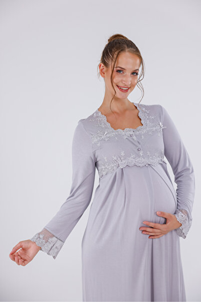Yulem Homewear Gray Special Lace Long Sleeve Cotton Full Length Maternity Nightgown-Dressing Gown Set of 2