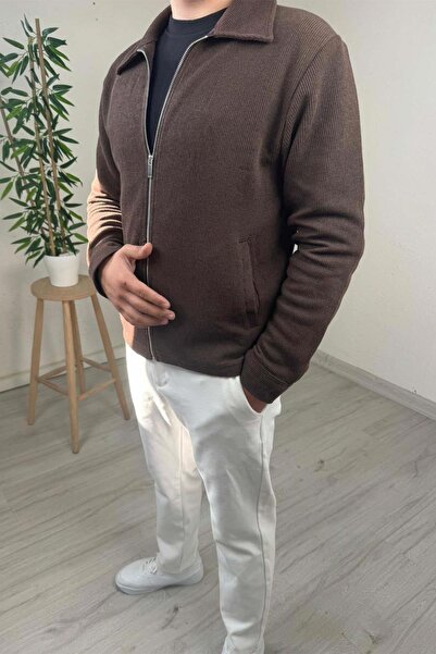 EXPLODE - Premium Kalite Erkek Kahve Fermuarlı Polo Yaka Çift Cepli Ceket