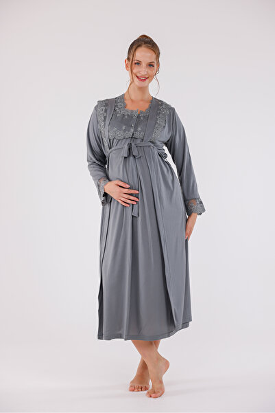 Yulem Homewear Smoked Special Lace Long Sleeve Cotton Full Length Maternity Nightgown-Dressing Gown Set of 2