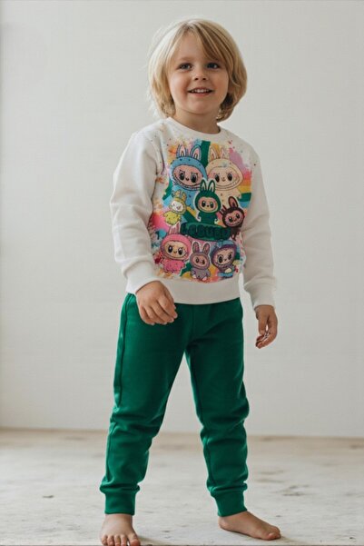 Patriko KIZ ERKEK ÇOCUK 2 İPLİKLİ LABUBU BASKI YEŞİL SWEATSHIRT ALT ÜST EŞOFMAN TAKIMI-1 beden büyük alınız