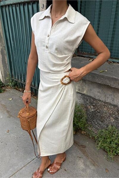 Lijuri Blouse with Drawstring and Skirt with Buckle Linen Suit 10204