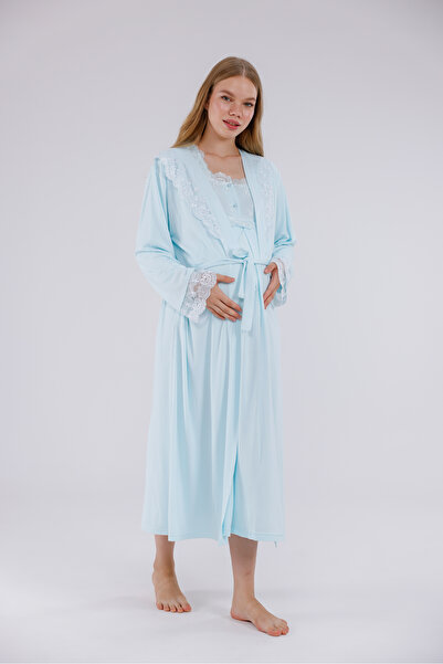Yulem Homewear Тюркоазена дантелена памучна нощница с дълги ръкави и халат за...