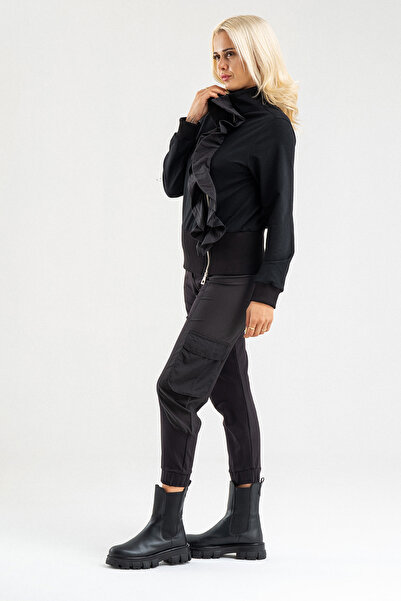 Bold & Young Black Stylish Zippered Sweat Jacket with Flywheel Detail