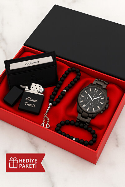 nw northwatch Erkek Siyah Hediye Seti – İsimli Çakmak, Tespih, Bileklik ve Ka...