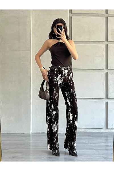 Coral İnce Kemerli Boyalı Kaşe Pantolon Ekru - Kahve